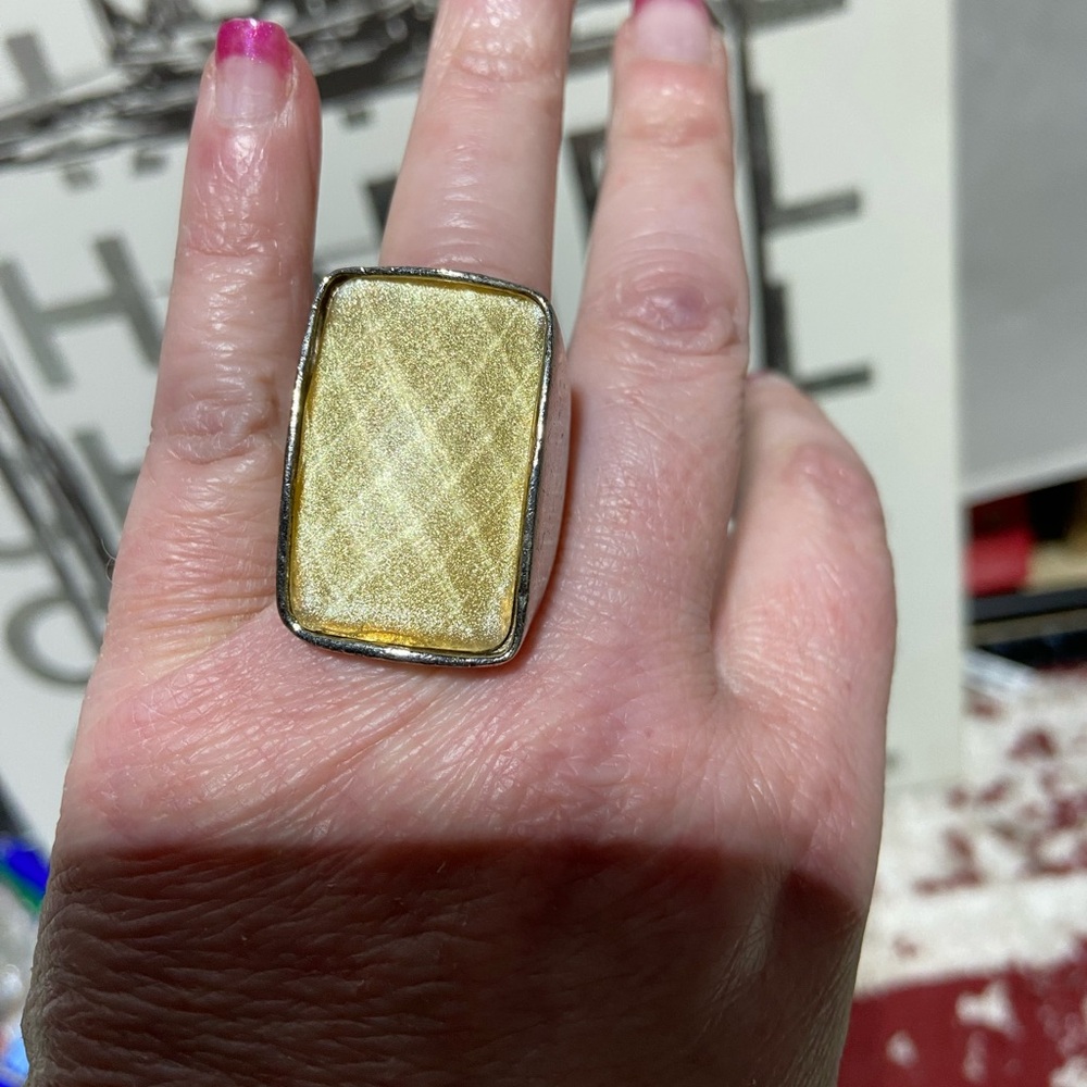 Vintage Retro Oversized Silver Tone Rectangle Ring Yellow Diamond Pattern